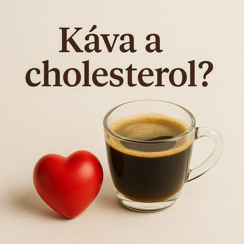 Sklenička kávy vedle červeného srdce s otázkou o cholesterolu.