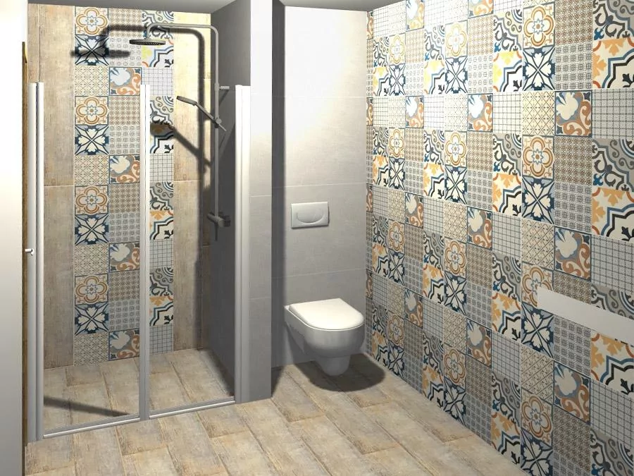 Malá koupelna s barevnými dlaždicemi v geometrickém vzoru