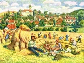 Venkovská scéna s žní a lidmi odpočívajícími u stohů slámy před městečkem při dožínkách.