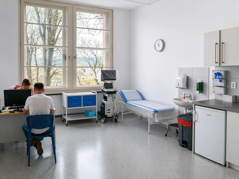 Urologická ordinace s lůžkem, umyvadlem a počítačem pro pacienta.
