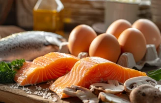 Suroviny jako losos, vejce a huby pro recept s vitamínem B12