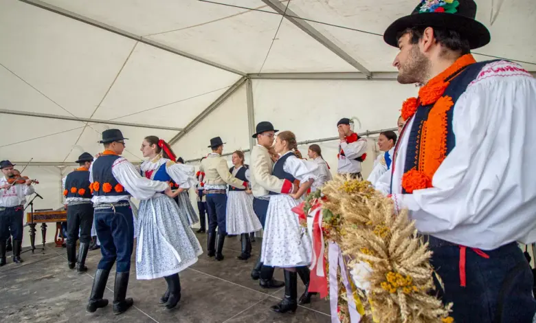Tradiční tanečníci v národních kostýmech na dožínkách.