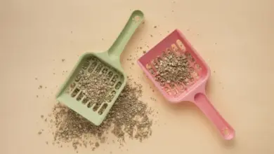 Dvě plastové lopatky na psí zeminu plné granulované podestýlky.